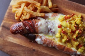 XL Bacon-Wrapped Hot Dog w/ Cucumber-Mustard Relish