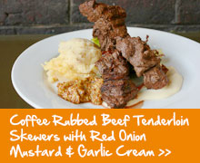 Coffee-Rubbed Beef Tenderloin Skewers w/ Red Onion Mustard & Garlic Cream
