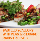 Sauteed Scallops with Peas & Rhubarb-Radish Relish