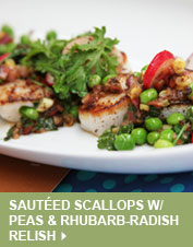 Sautéed Scallops w/ Peas & Rhubarb-Radish Relish